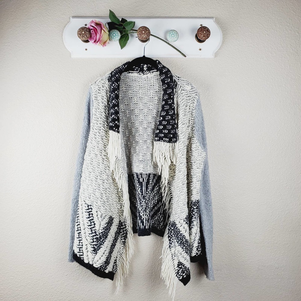Anthropologie Moth Wool Blend Knit Open Fringe Cardigan